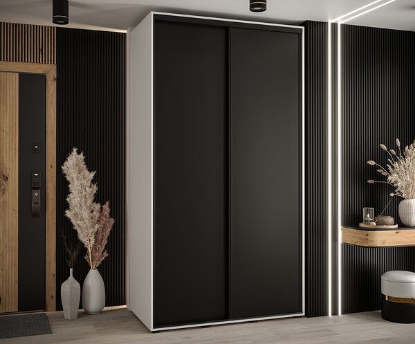 Šatní skříň s posuvnými dveřmi DAVOS 140cm | Bílá / černá / černé pojezdy