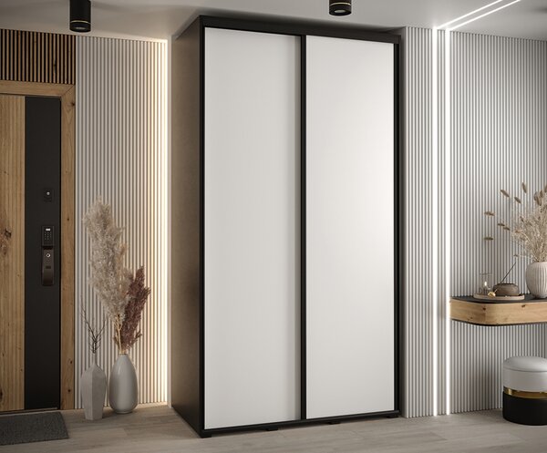 Šatní skříň s posuvnými dveřmi DAVOS 140cm | Černá / bílá / černé pojezdy