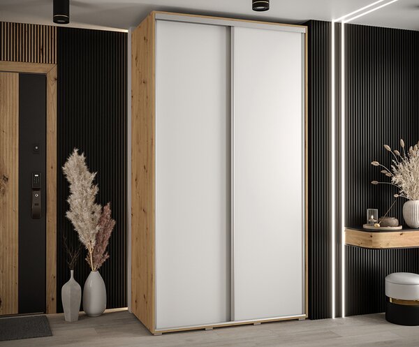Šatní skříň s posuvnými dveřmi DAVOS 140cm | DUB Artisan / bílá / stříbrné