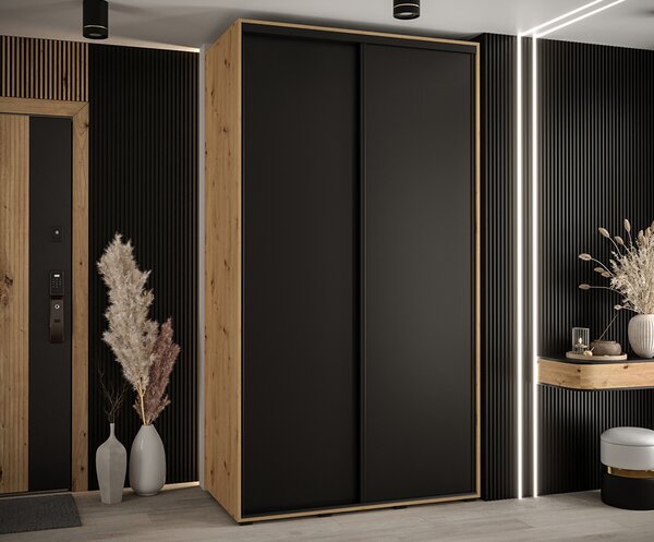 Šatní skříň s posuvnými dveřmi DAVOS 140cm | DUB Artisan / černá / černé pojezdy