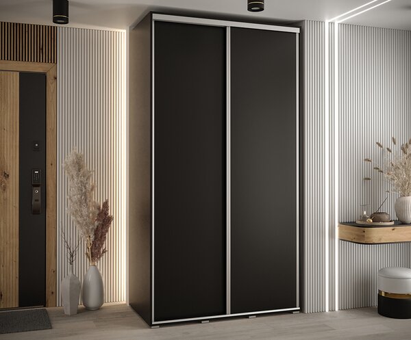 Šatní skříň s posuvnými dveřmi DAVOS 140cm | Černá / stříbrné pojezdy
