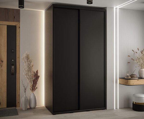 Šatní skříň s posuvnými dveřmi DAVOS 140cm | Černá / černé pojezdy