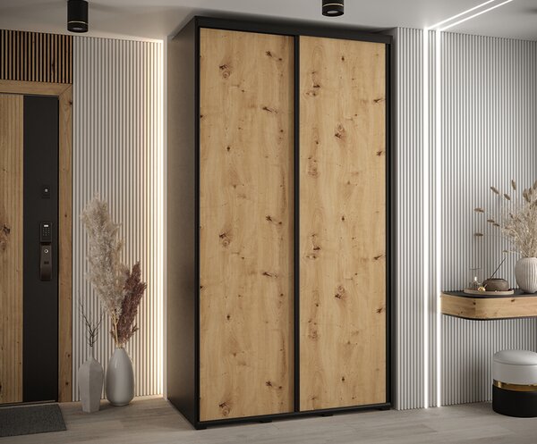 Šatní skříň s posuvnými dveřmi DAVOS 140cm | Černá / DUB Artisan / černé pojezdy