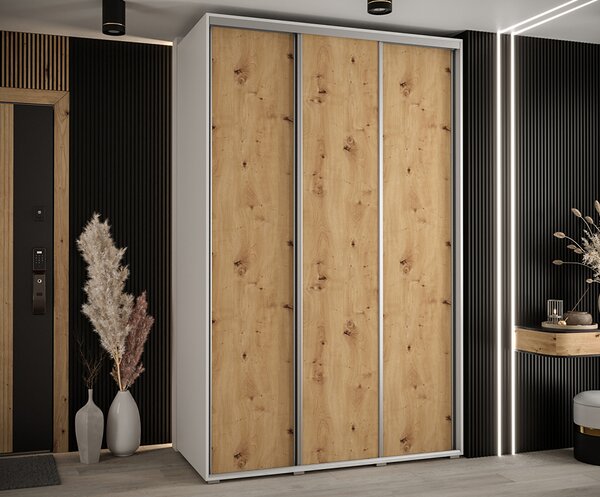 Šatní skříň s posuvnými dveřmi DAVOS 150cm | Bílá / DUB Artisan / stříbrné