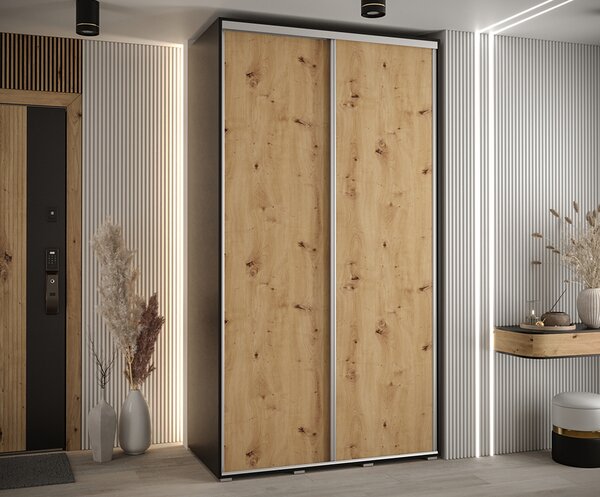 Šatní skříň s posuvnými dveřmi DAVOS 140cm | Černá / DUB Artisan / stříbrné