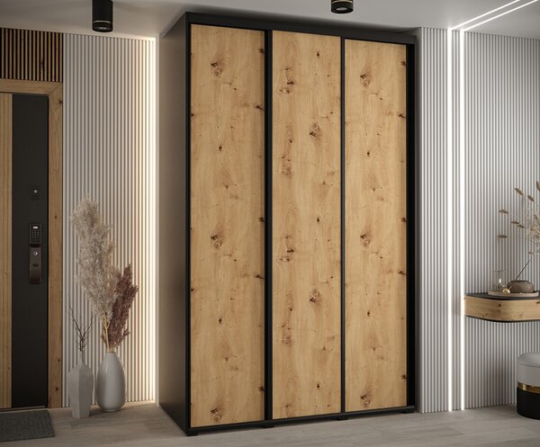 Šatní skříň s posuvnými dveřmi DAVOS 150cm | Černá / DUB Artisan / černé pojezdy
