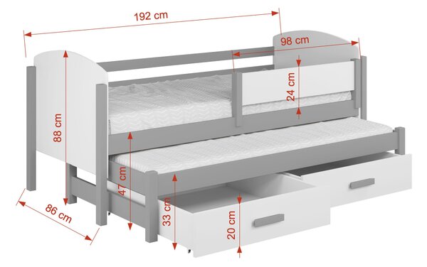 Dětská jednolůžková postel s přistýlkou 80x180 GEDRIA - šedá / bílá, levé provedení