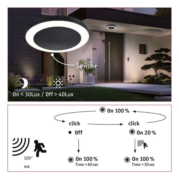 P 94526 LED stropní svítidlo Circula soumrakový senzor a pohybové čidlo IP44 320mm 3000K 14W antracit - PAULMANN