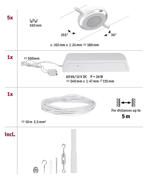 P 94416 LED lankový systém RoaMac základní sada 5x4,5W 3000K 230/12V bílá/chrom - PAULMANN