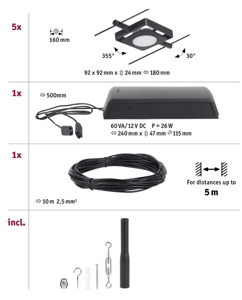 P 94424 LED lankový systém MacLED základní sada 5x4,5W 3000K 230/12V černá mat/chrom - PAULMANN