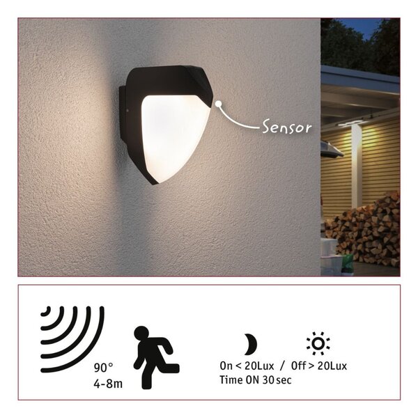 P 94517 LED venkovní nástěnné svítidlo Smart Home Zigbee Ikosea soumrakový senzor a pohybové čidlo CCT IP44 50x203mm 3000K 4,4W 230V antracit umělá hmota - PAULMANN