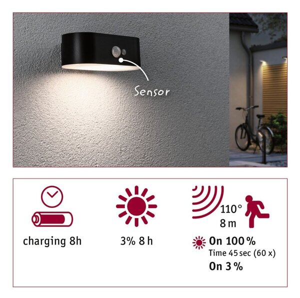P 94571 Solární LED venkovní nástěnné svítidlo Adya pohybové čidlo IP44 3000K černá - PAULMANN
