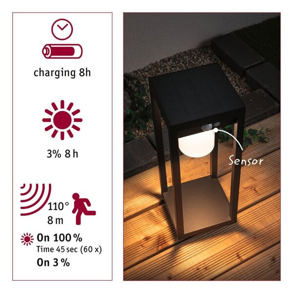 P 94573 Solární LED světelný objekt solární Marisol pohybové čidlo IP44 3000K černá - PAULMANN