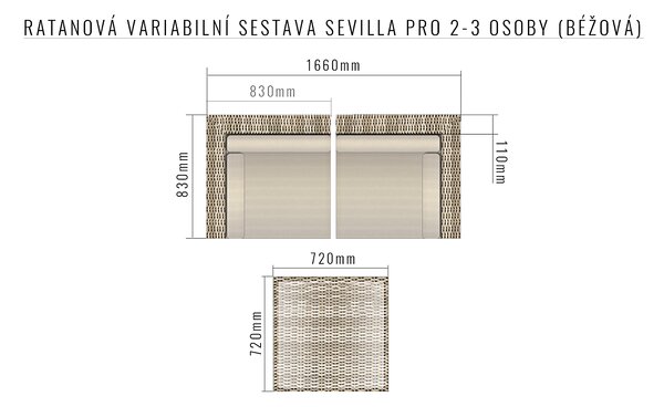 Ratanová variabilní sestava SEVILLA pro 2-3 osoby (béžová)
