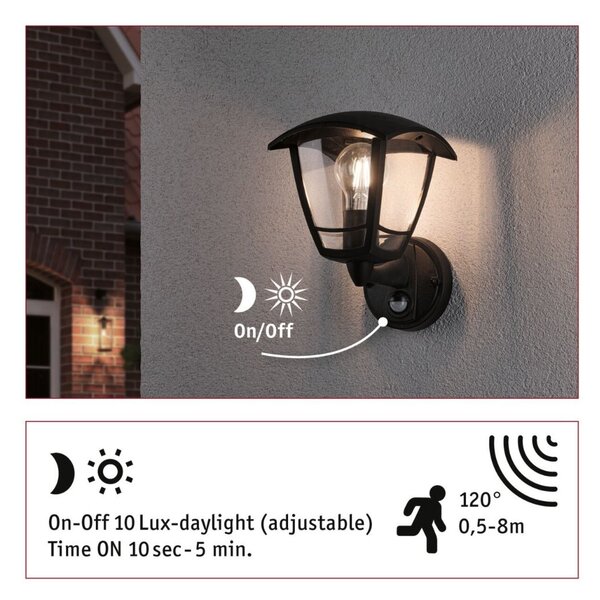 P 94647 Venkovní nástěnné svítidlo Classic Curved pohybové čidlo IP44 hranaté 164x180mm max. 12W 230V černá umělá hmota - PAULMANN