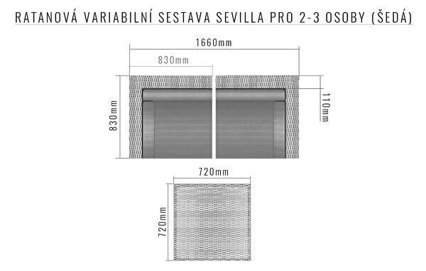 Ratanová variabilní sestava SEVILLA pro 2-3 osoby (šedá)