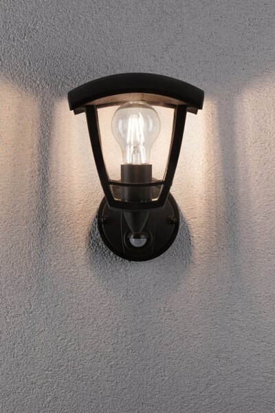 P 94647 Venkovní nástěnné svítidlo Classic Curved pohybové čidlo IP44 hranaté 164x180mm max. 12W 230V černá umělá hmota - PAULMANN