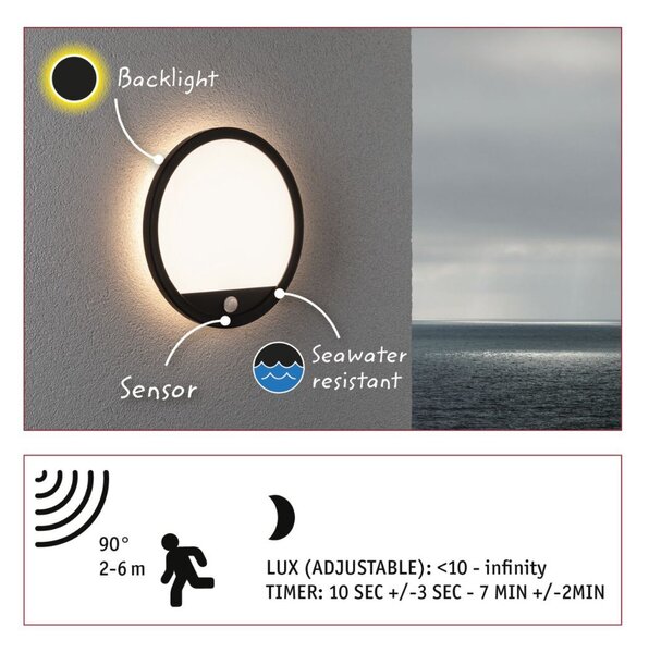 P 94664 LED venkovní panel Lamina vč. pohybové čidlo IP44 kruhové 280mm 3000K 14,5W 230V černá umělá hmota - PAULMANN
