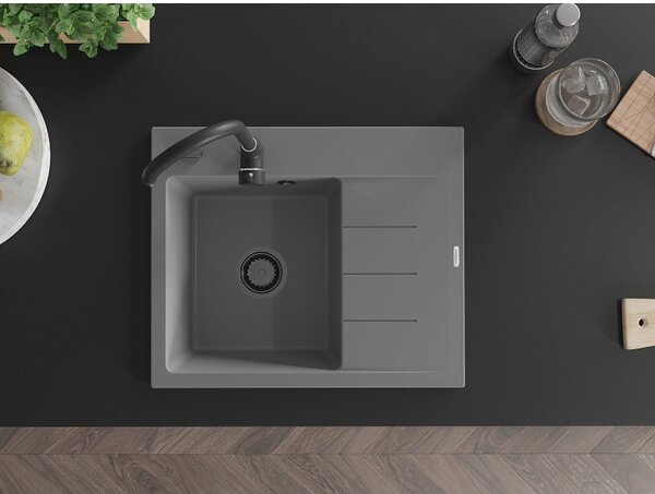 Mexen Ben, 1-komorový granitový dřez 600x500x190 mm, levý + černý sifon, šedá, 6522605000-71-B