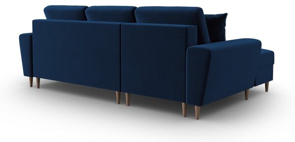 Modrá sametová rozkládací/s úložným prostorem rohová pohovka (levý roh/s lenoškou) Kyoto – Cosmopolitan Design