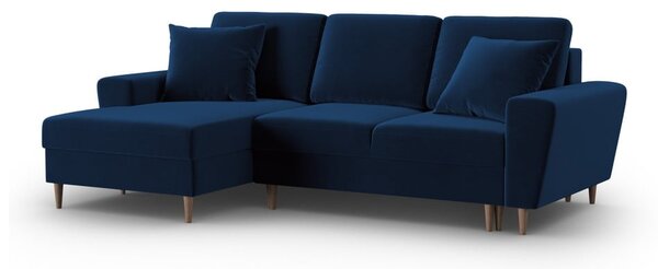 Modrá sametová rozkládací/s úložným prostorem rohová pohovka (levý roh/s lenoškou) Kyoto – Cosmopolitan Design