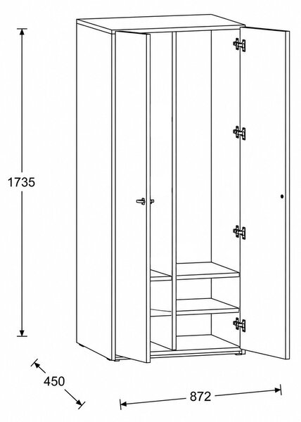 Šatní skříň FRAME, 2 oddíly, 872 x 450 x 1735 mm, PUSH-lock, ořech