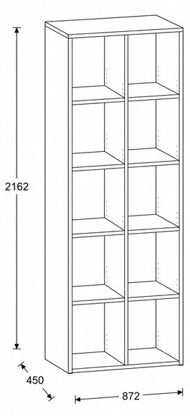 Regál FRAME, vysoký, 2 sloupce, 2162 x 872 x 450 mm, ořech