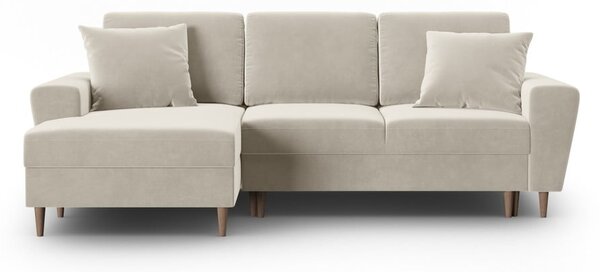 Béžová sametová rozkládací/s úložným prostorem rohová pohovka (levý roh/s lenoškou) Kyoto – Cosmopolitan Design