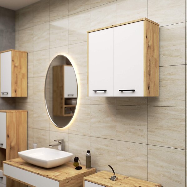 Ak furniture Závěsná koupelnová skříňka Fin 60 cm dub artisan/bílá