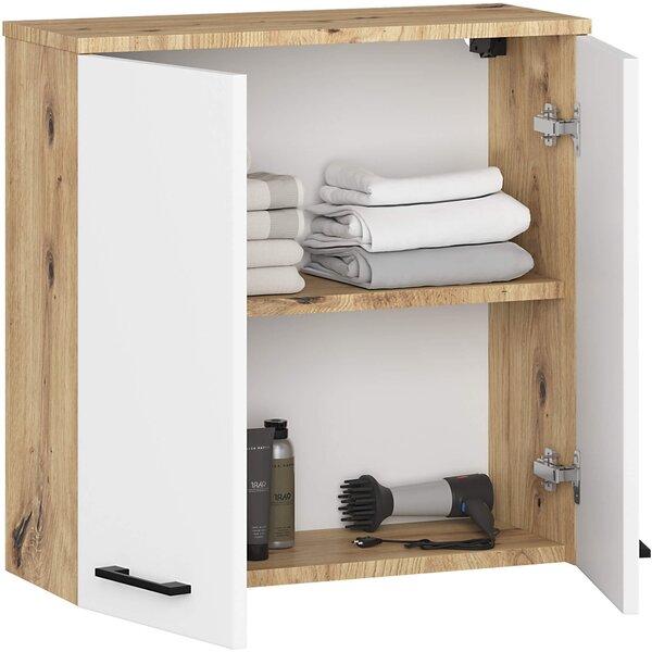 Ak furniture Závěsná koupelnová skříňka Fin 60 cm dub artisan/bílá