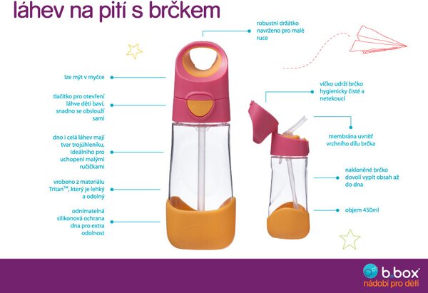 Láhev na pití s brčkem, 600ml, b.box, flamingo fizz
