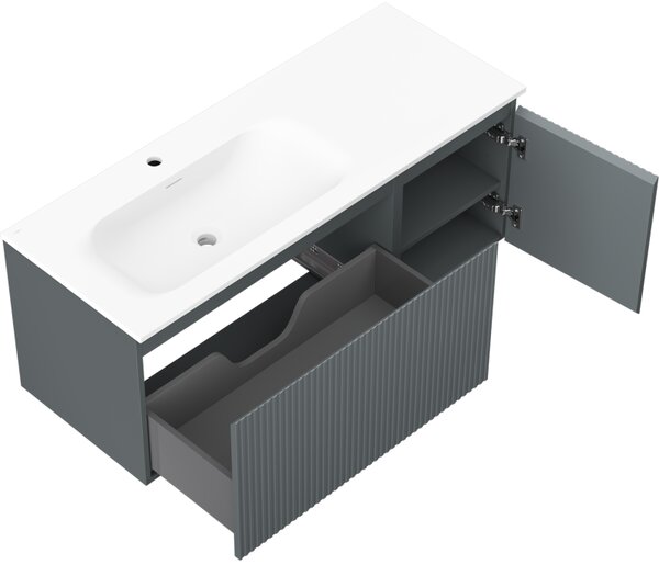 Mexen Rivel, koupelnová skříňka 120 cm s umyvadlem Vela vlevo, 1S, 1D, drážkovaná, grafitová matná/bílá matná, 91A23-12047-3-BBFF66-W23L01