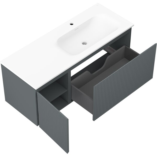 Mexen Rivel, koupelnová skříňka 120 cm s pravým umyvadlem Vela, 1S, 1D, drážkovaná, grafitová/bílá matná, 91A23-12047-3-BBFF66-W23P01
