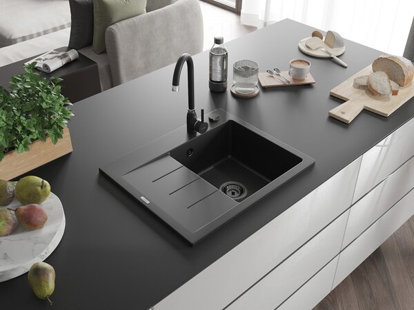 Mexen Ben, 1-komorový granitový dřez 600x500x190 mm, pravý + černý sifon, černá, 6523605000-77-B