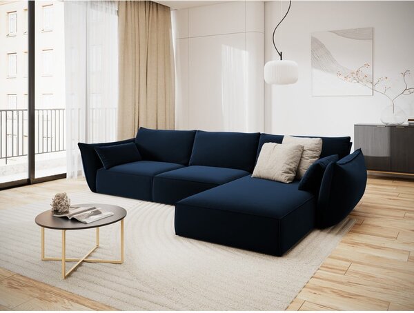 Tmavě modrá sametová rohová pohovka (pravý roh/s lenoškou) Vanda – Mazzini Sofas