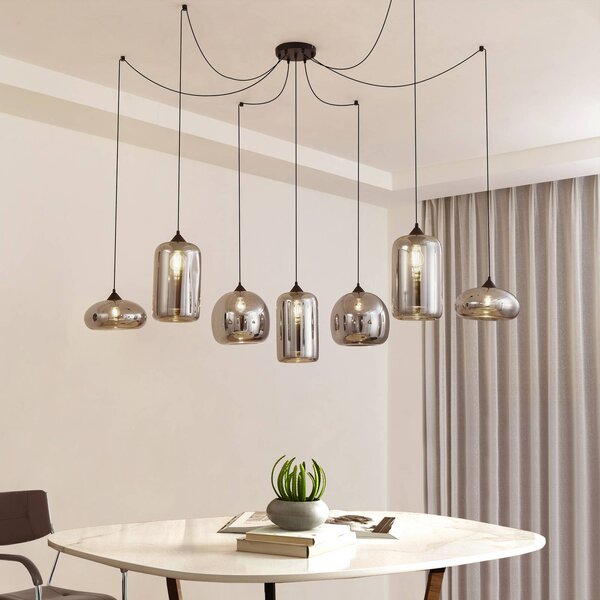 Lindby Závěsné svítidlo Marla, 7 světel, sklo, kouřově šedá, 128 cm, stmívatelný, Černá, Obývací pokoj / jídelna, Sklo, Moderní