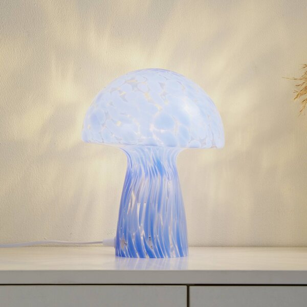 Lindby Stolní lampa Hubi, modrá, sklo, Ø 22 cm, tvar houby, Modrá, Obývací pokoj / jídelna, Sklo, Moderní