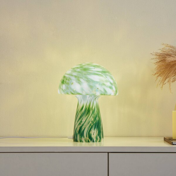 Lindby Stolní lampa Hubi, zelená, sklo, Ø 22 cm, tvar houby, Zelená, Obývací pokoj / jídelna, Sklo, Moderní