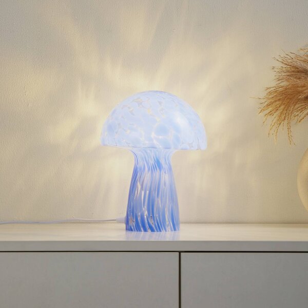 Lindby Stolní lampa Hubi, modrá, sklo, Ø 22 cm, tvar houby, Modrá, Obývací pokoj / jídelna, Sklo, Moderní
