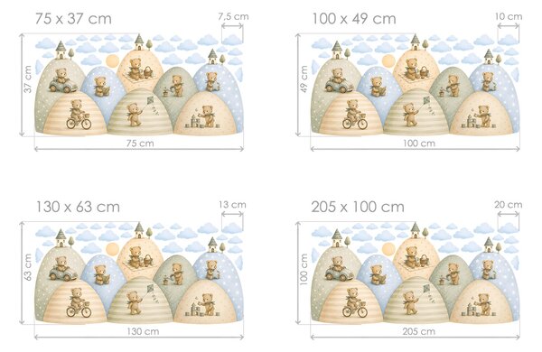 Medvídci na kopcích samolepící tapety do dětského pokoje arch 75 x 37 cm