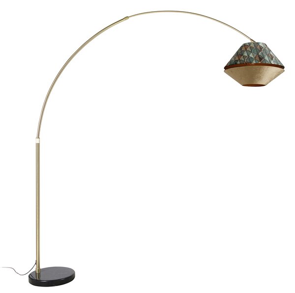 Mosazná oblouková lampa s dvojitým sametovým stínidlem s motivem listů a béžovou barvou - XXL