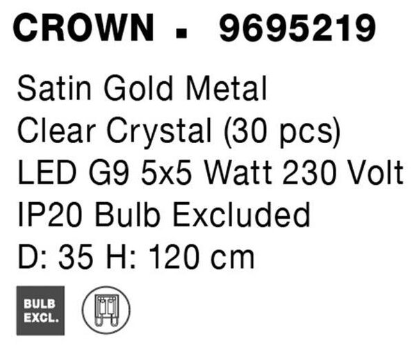 Nova Luce Závěsné svítidlo CROWN saténový zlatý kov čirý křišťál 35cm