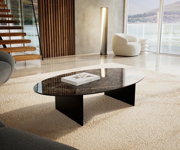 DELIFE Konferenční stolek Edge oválný 140×80 cm keramika Emperador Extra Lucidato tmavě hnědá Salto kov černá