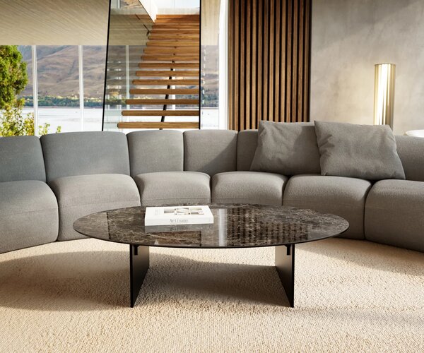 DELIFE Konferenční stolek Edge oválný 140×80 cm keramika Emperador Extra Lucidato tmavě hnědá Salto kov černá