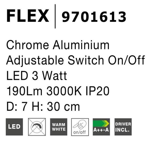 Nova Luce Bodové LED svítidlo FLEX, vypínač na těle 3W 3000K Barva: Chrom