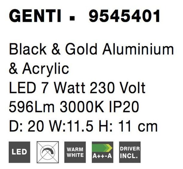 Nova Luce Nástěnné LED svítidlo GENTI černý a zlatý hliník a akryl 1x7W 3000K