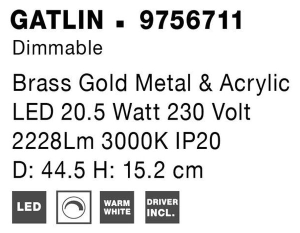 Nova Luce Stropní LED svítidlo GATLIN mosazný zlatý kov a akryl 20.5W 3000K stmívatelné