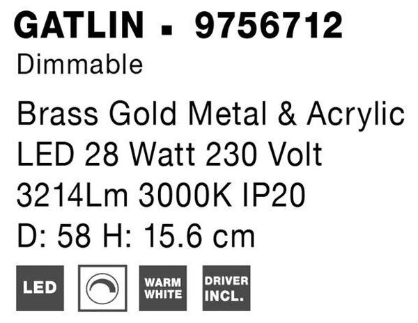 Nova Luce Stropní LED svítidlo GATLIN mosazný zlatý kov a akryl 28W 3000K stmívatelné