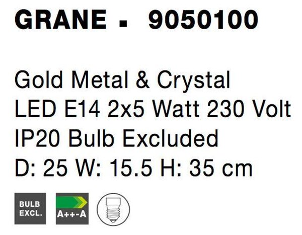 Nova Luce Nástěnné svítidlo GRANE zlatý kov a křišťál E14 2x5W