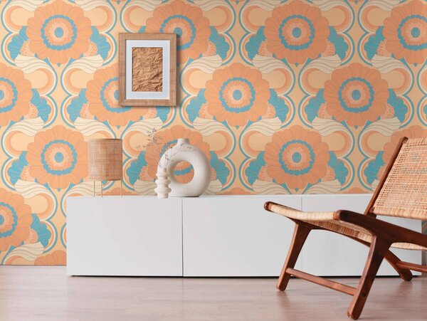 A.S. Création | Vliesová tapeta na zeď Retro Chic 39530-2 | 0,53 x 8,5 m | oranžová, modrá, krémová, meruňková, vícebarevná